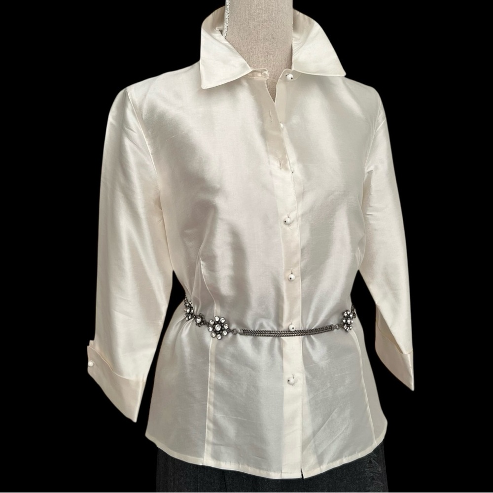 Sigrid Olsen Cream Silk Button Front Three Quarter Sleeve Minimalist Blouse 12